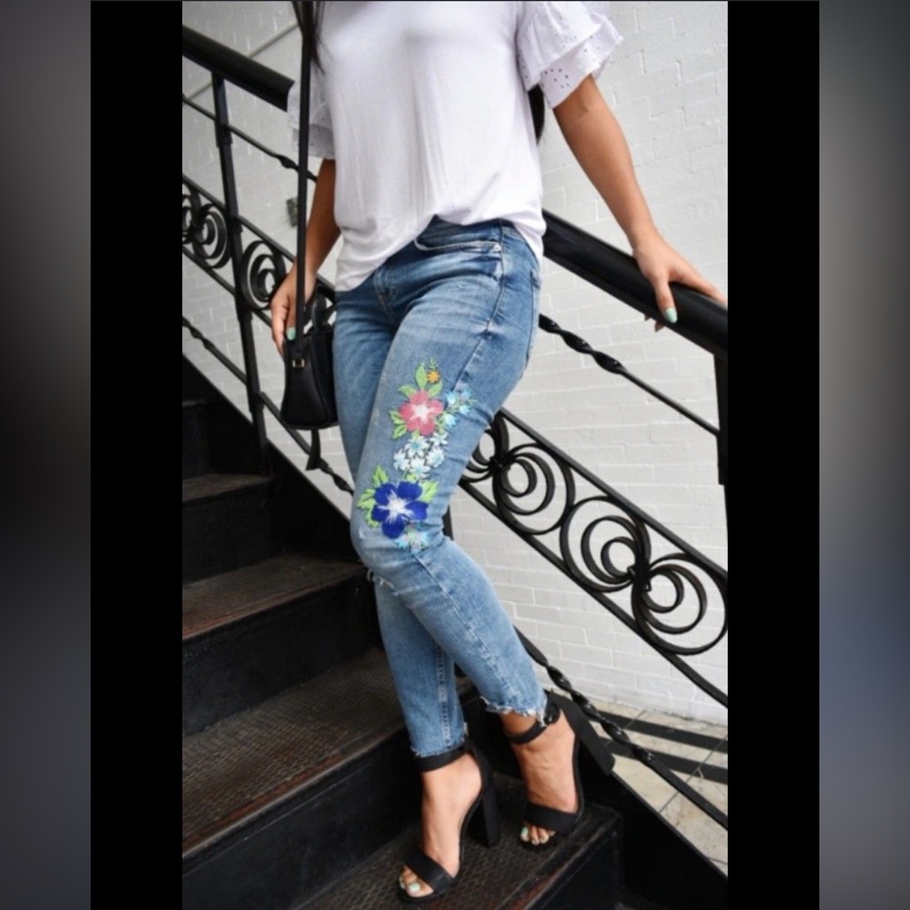 Zara 70s Festival Boho Chic Floral Embroidered Skinny Distressed Ankle Jeans